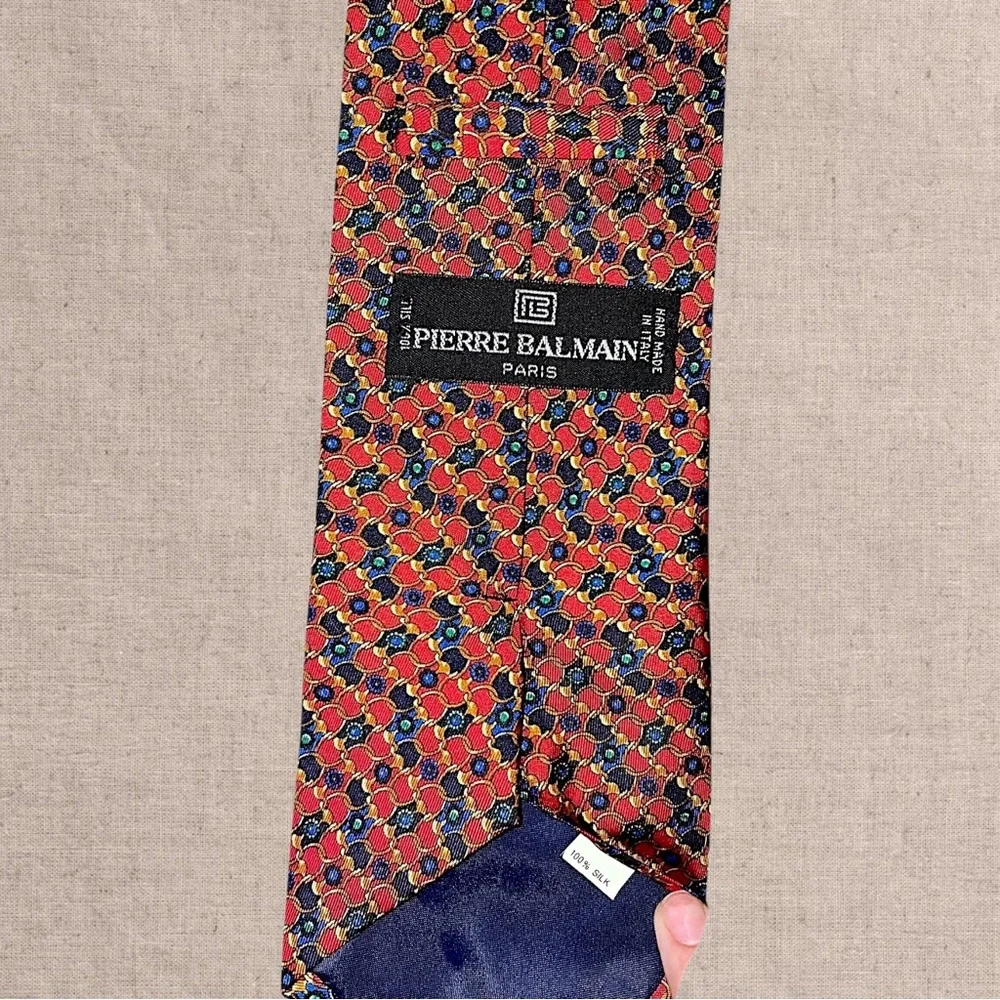 Pierre Balmain Silk Tie Red Geometric Pattern Luxury Designer Classic